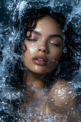 A radiant model woman exudes confidence as she poses amid a cascade of water splashes, the dynamic motion of the liquid enhancing her striking appearance