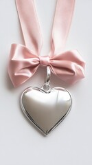 A silver heart pendant with a pink satin bow on a white surface creating a lovely still life