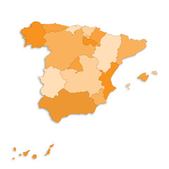 Spain map with border highlighted regions, states, isolated on white background. Template map of Spain. Detailed vector illustration.