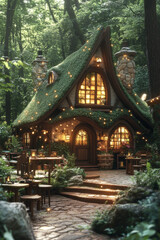 Fototapeta premium Enchanted cottage with moss-covered roof in a forest, warm evening glow
