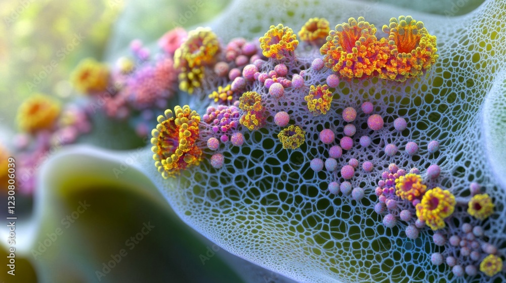 Fototapete microscopic view of colorful cells network intricate organic structure