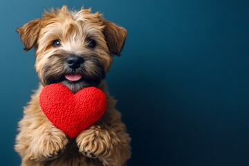 Cute soft-coated wheaten terrier dog with companion toy red heart - emblem of love, funny greeting card. Commercial conceptual art. Soft-coated wheaten terrier - my beloved dog. Love and pets.