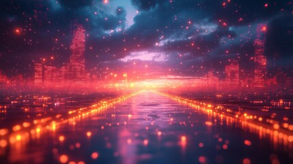 Dynamic cityscape at dusk futuristic urban landscape digital bright colors aerial perspective