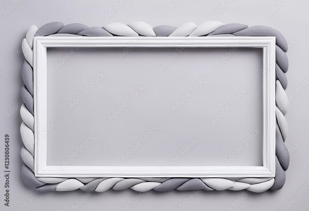 Poster an empty rectangular frame crafted from smooth, intertwined white and gray materials stands against 