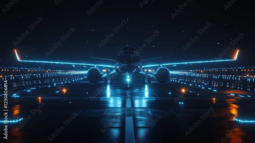 Aufkleber airplane parked on illuminated runway surrounded by vibrant navigation lights at night. generative a