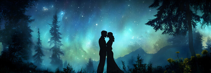 Naklejka premium A romantic silhouette of a couple kissing under the aurora borealis in a night sky