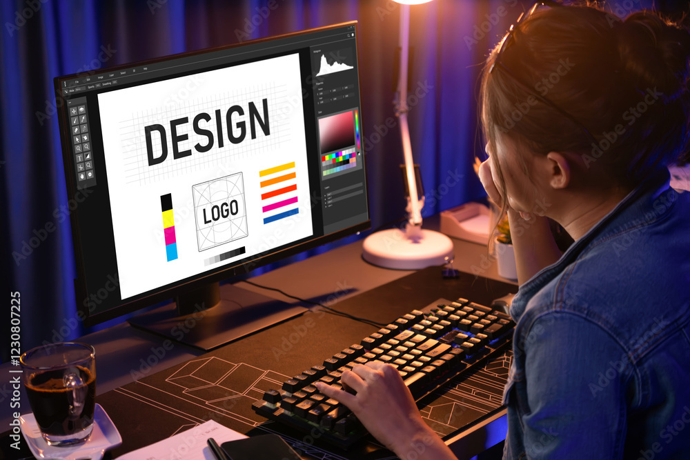 Aufkleber graphic designer software for modern design of web page and commercial brisk ads showing on the comp