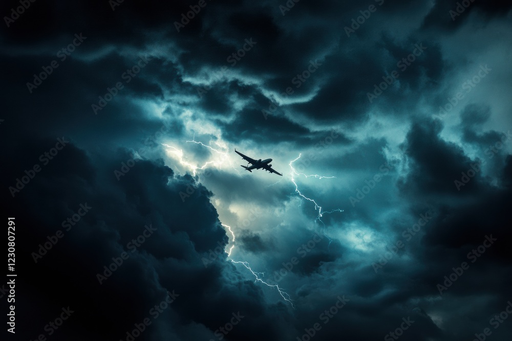 Poster Airplane navigates through turbulent stormy clouds with dramatic lightning flashes overhead during evening hours. Generative AI