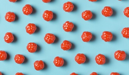 Valentine's day card or banner displaying various red hearts on a blue background, photographed in a flat lay from a top-down angle.
