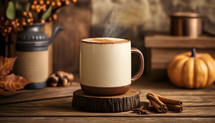 A rustic chai latte setup with a steaming mug, milk frother, and fresh cinnamon sticks, surrounded by autumn-themed items on a wooden surface