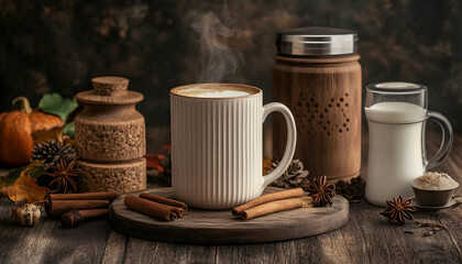 A rustic chai latte setup with a steaming mug, milk frother, and fresh cinnamon sticks, surrounded by autumn-themed items on a wooden surface