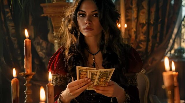 Mystic  tarot reader woman conducting tarot card reading in dimly candlelit room, revealing deep insights through ancient divination practice