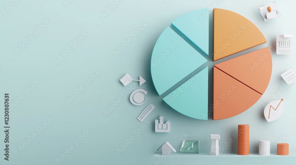 Poster colorful pie chart infographic with geometric shapes for business data visualization and analytics