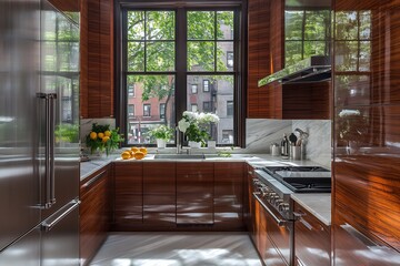 Small yet stylish kitchen with smart storage solutions, bright sunshine chestnut cabinetry, and a high-gloss striped tile backsplash 