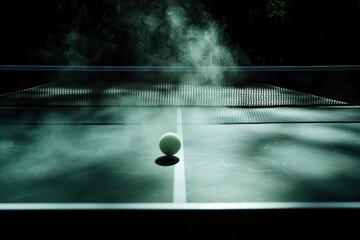 Table tennis ball on a foggy table in moody lighting