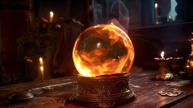 Fortune teller reading a crystal ball with fire inside, resting on an ornate pedestal on a wooden table