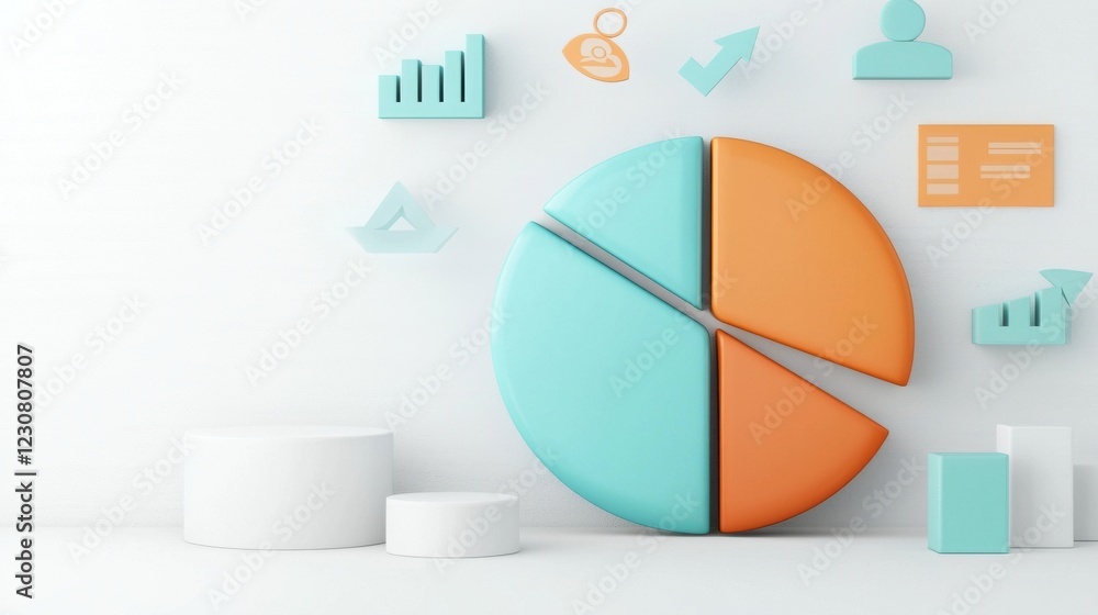 Poster colorful 3d pie chart analytics infographic with data visualization elements on white background