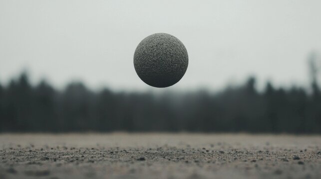 A grey sphere hovers above a flat, textured ground with a blurred forest background.