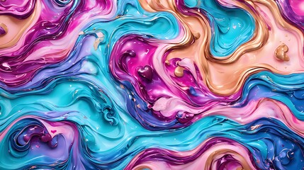 Fototapeta premium Colorful abstract fluid art with golden accents, creating a luxurious and dynamic aesthetic. Ideal for backgrounds, artistic projects, or design inspiration emphasizing modern vibrant creativity