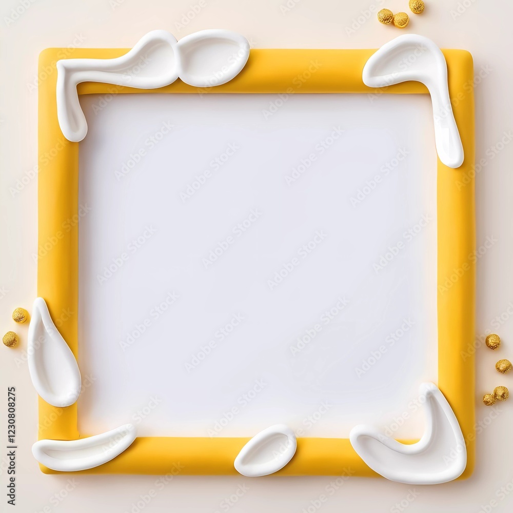 Poster a rectangular frame with a vivid golden yellow border and white decorative elements sits against a l