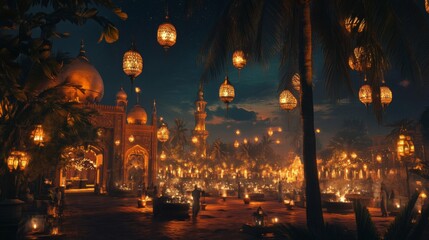 Obraz premium Nighttime Tropical Cityscape with Golden Lanterns and Mosque
