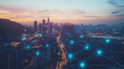 Fototapeta premium Smart digital Innovation city with connection network reciprocity over the cityscape. of future smart wireless digital city and social media networking systems that connects people with in city