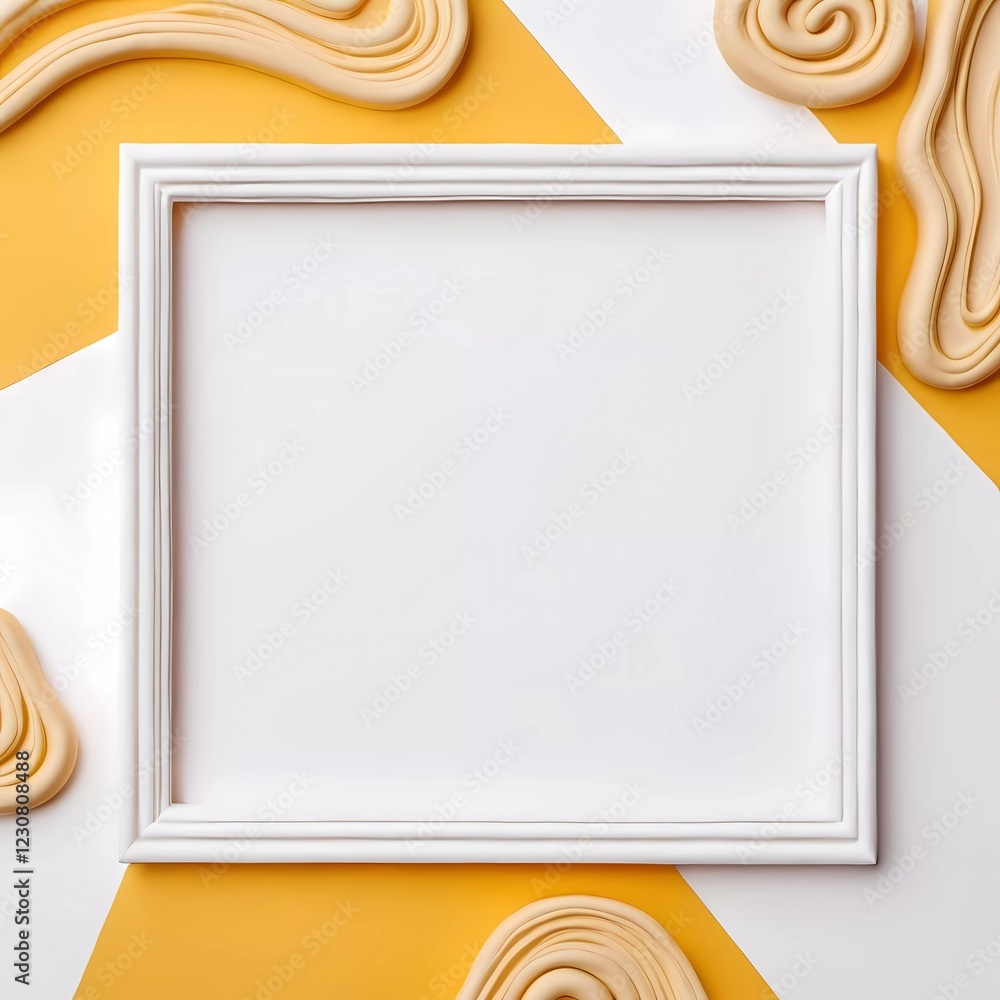Poster a white rectangular frame centers on a golden yellow background surrounded by swirls of cream-colore