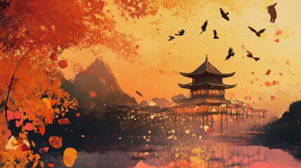 Obraz premium Orange And Yellow Autumn Sunset Landscape With Pagoda And Birds