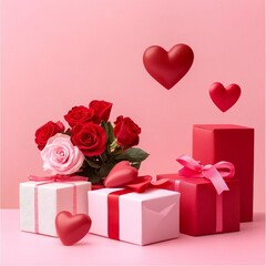 A romantic Valentine's Day greeting card featuring love gifts, coffee, and a bouquet of red roses on a white background. Perfect for dating. Taken from above.留有空白处供书写。