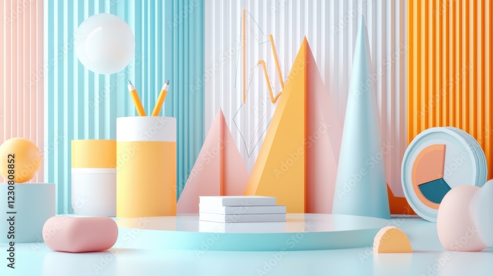 Poster minimal pastel geometric shapes composition in studio setting for product display