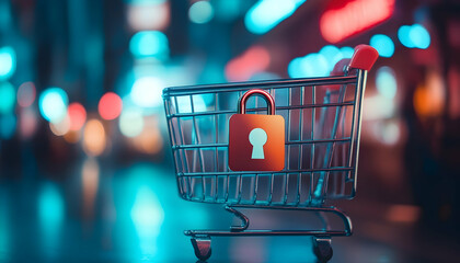 A shopping cart with a security padlock symbolizing safe online transactions