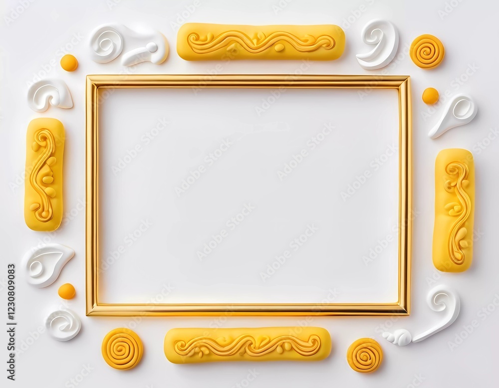 Poster a rectangular frame stands empty, surrounded by intricate golden yellow and white decorative element