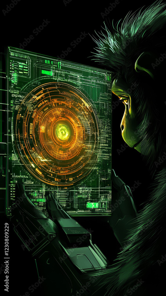 Poster langur monkey interacting with holographic interface in a sci-fi setting