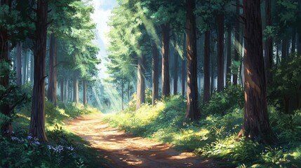 Obraz premium Sunlit Forest Path Winding Through Tall Trees