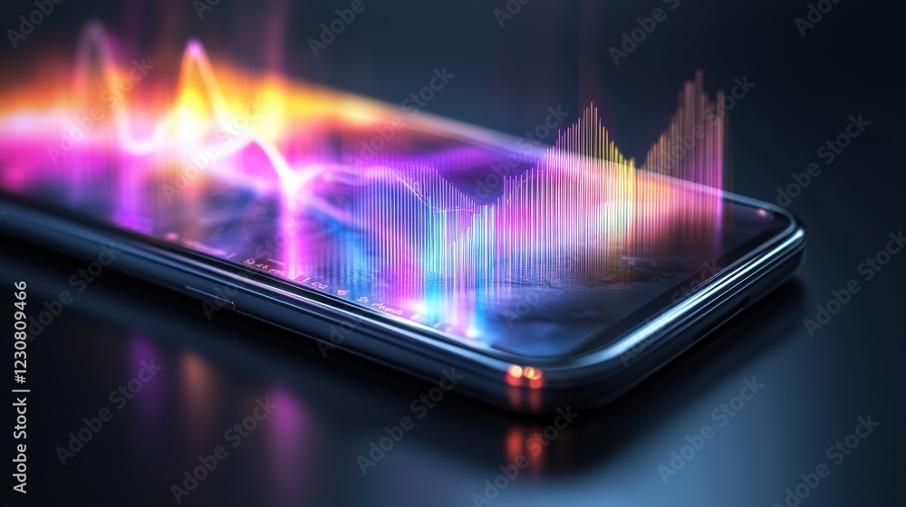 Aufkleber multicolored glowing waves of digital energy emanating from futuristic mobile device
