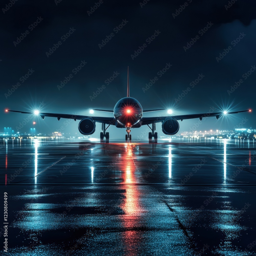 Fototapete airplane on illuminated runway at night with navigation lights reflecting on wet surface. generative