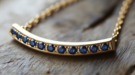 Elegant blue sapphire necklace displayed on rustic wooden surface jewelry close-up view