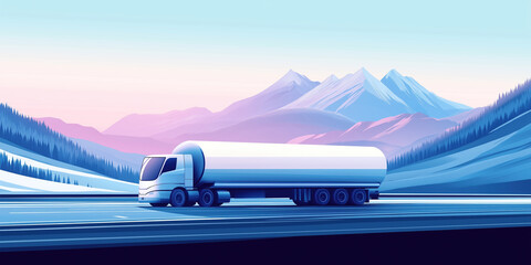 Futuristic LNG tanker truck transporting liquefied natural gas driving on a highway through a snowy mountain landscape at sunset, illustrating the concept of energy transportation and logistics
