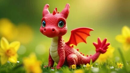 A small red Welsh dragon is surrounded by yellow daffodils against a blurred green backdrop. Concept of: Welsh spring character. Saint David's Day