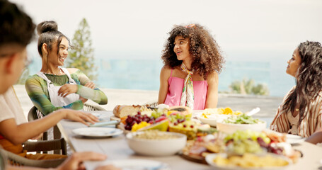 Food, brunch party and people outdoor for Presidents day celebration together with bonding. Happy, diversity and friends eating meal at lunch on public holiday for community in backyard at house.