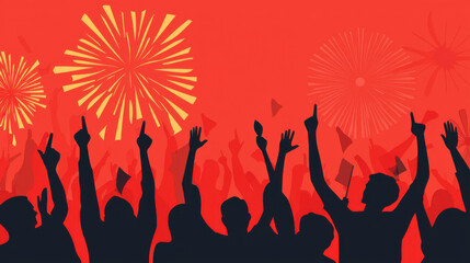 A vibrant celebration scene featuring silhouetted figures cheering with raised hands against a backdrop of fireworks and a red sky.