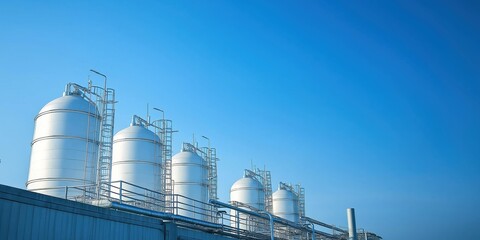 Obraz premium Large white cylindrical LNG storage tanks stand tall against a vibrant blue sky, showcasing industrial infrastructure and energy supply chain