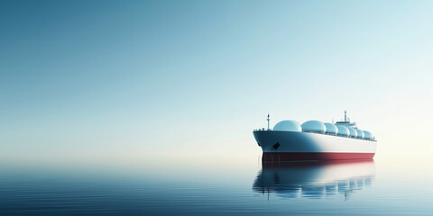 Sailing gracefully on calm open waters, an LNG tanker ship glides beneath a clear sky during sunrise, evoking a serene and tranquil atmosphere perfect for maritime journeys