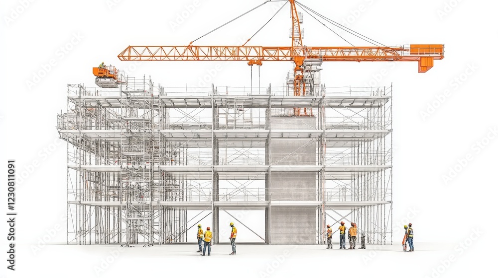 Poster construction site with workers and crane assembling a building structure in progress