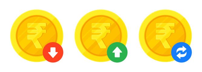 Set of Indian rupee gold coins, arrows for increase, decrease, transaction. Finance, currency, fluctuation, ₹ and INR exchange concept. Flat vector illustration isolated on a white background	