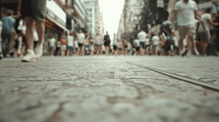 Fototapeta premium Busy city street, crowd walking, ground level view.