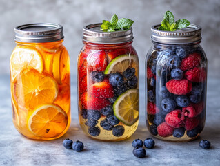 Assorted Fruit and Herb Infusions in Mason Jars with Vibrant Berries