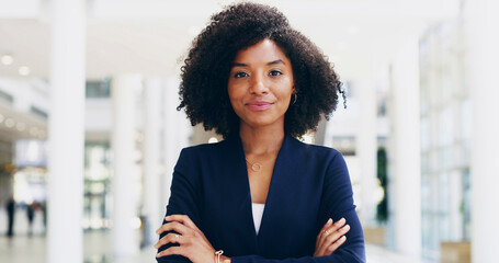 Portrait, lawyer or black woman in office with arms crossed for advocate, confidence or practice....