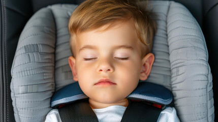 A sweet toddler peacefully naps in a car seat, wrapped in warmth and safety during a cozy ride.