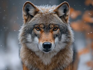 Fototapeta premium Close-up portrait of a wolf with falling snow in the forest, creating a winter scene